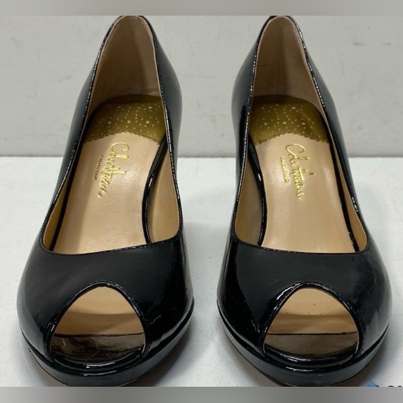 π 1 hour sale. Cole Haan, 7.5, Black Patent Leather Peep Toe Heels - Picture 2 of 11